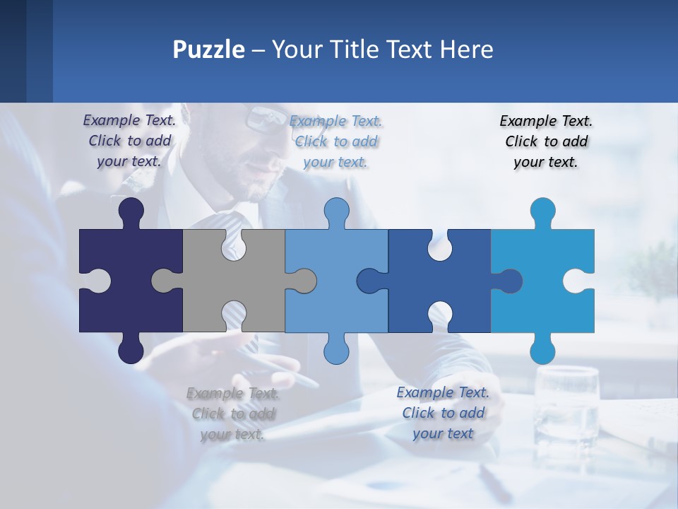 Two Men In Business Suits Sitting At A Table Looking At A Cell Phone PowerPoint Template
