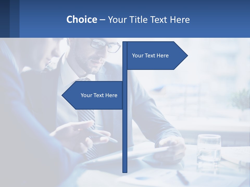 Two Men In Business Suits Sitting At A Table Looking At A Cell Phone PowerPoint Template