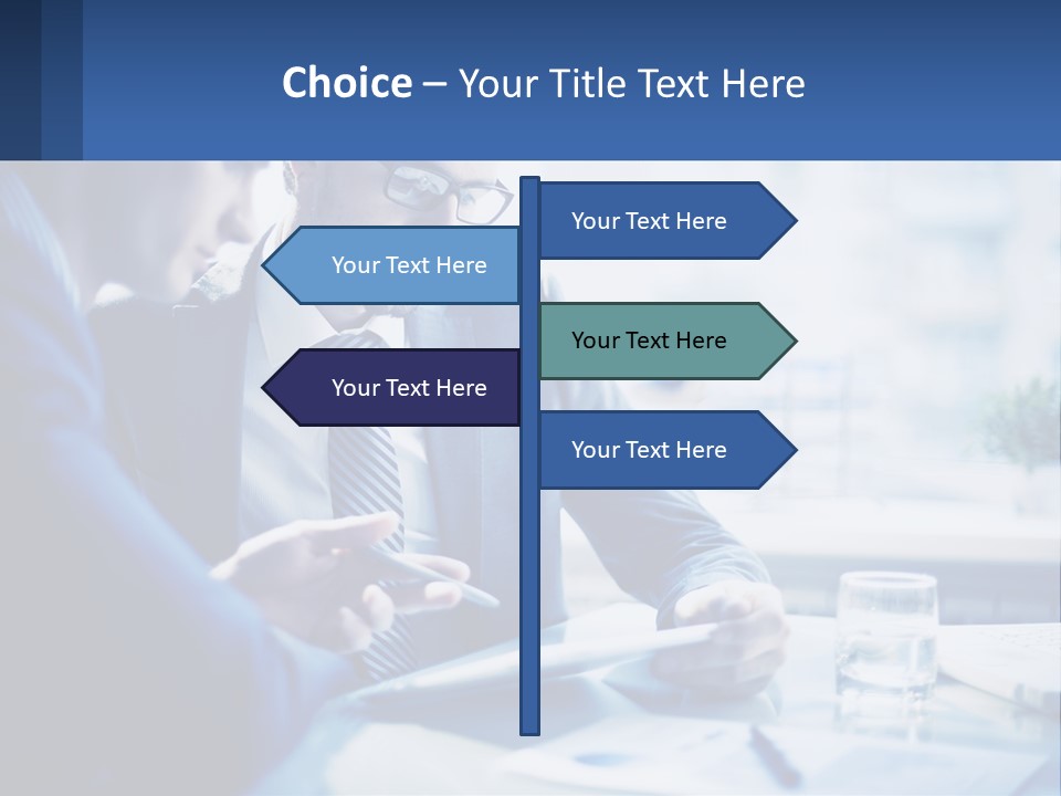 Two Men In Business Suits Sitting At A Table Looking At A Cell Phone PowerPoint Template