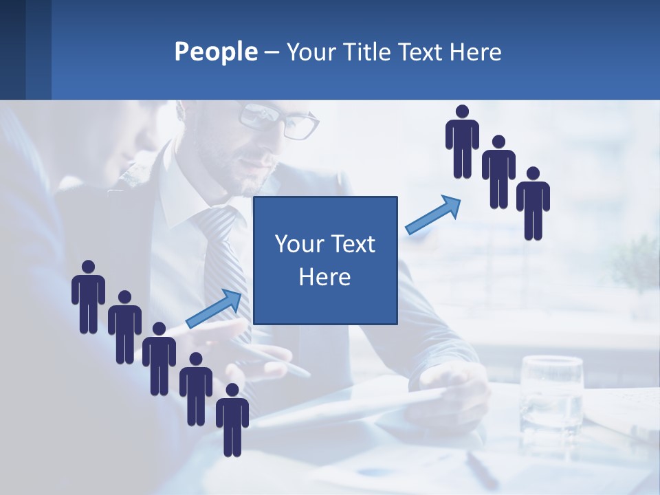 Two Men In Business Suits Sitting At A Table Looking At A Cell Phone PowerPoint Template