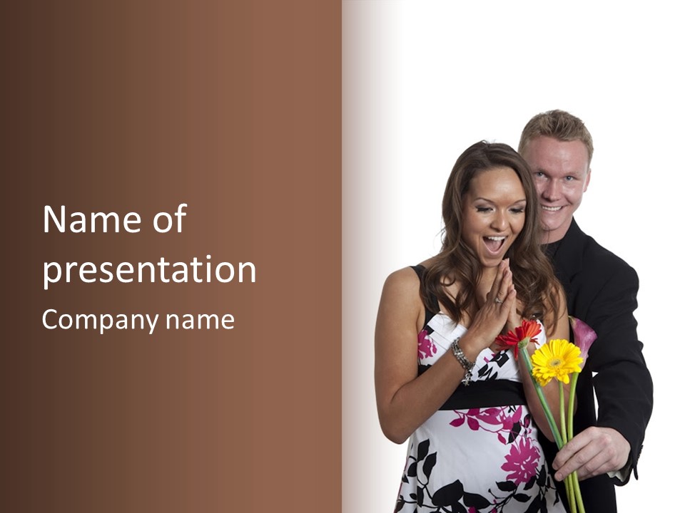 A Man And A Woman Holding A Bouquet Of Flowers PowerPoint Template