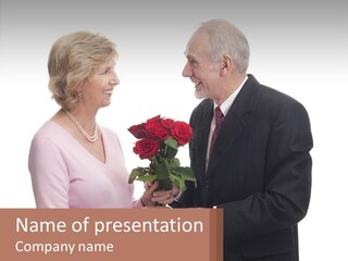 A Man And A Woman Holding A Bouquet Of Roses PowerPoint Template