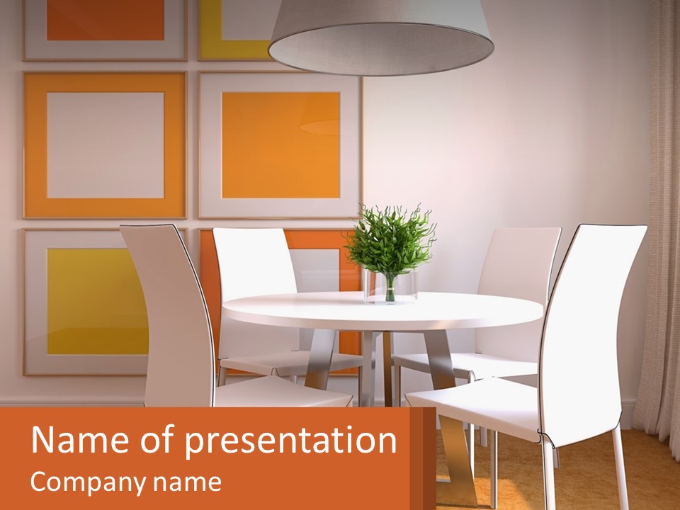 A White Table And Chairs In A Room PowerPoint Template