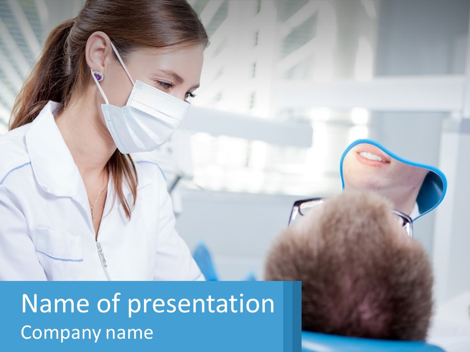 A Woman In A Dentist's Office With A Mask On Her Face PowerPoint Template