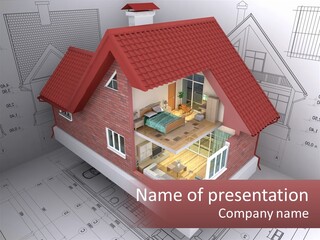 A House On Top Of A Blueprint With A Red Roof PowerPoint Template