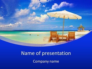 A Beach With Chairs And An Umbrella On It PowerPoint Template