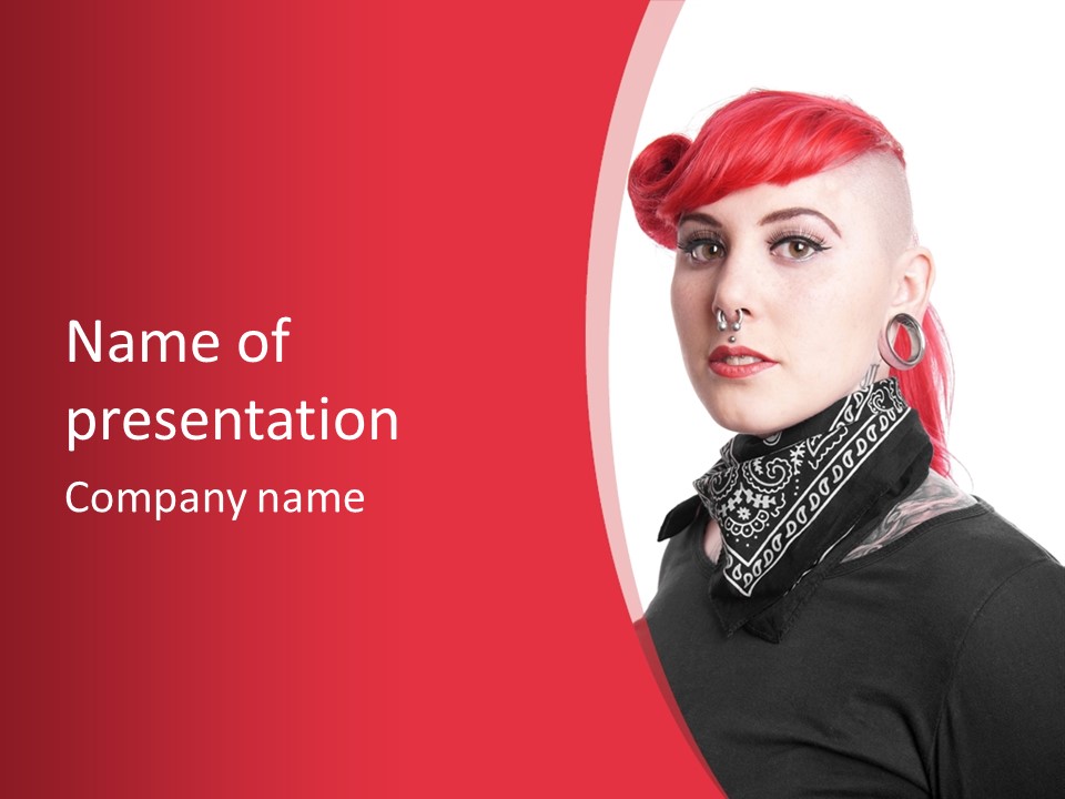 A Woman With Red Hair Is Wearing A Black Shirt PowerPoint Template