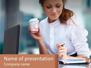 A Woman Holding A Cup Of Coffee And Writing On A Notebook PowerPoint Template