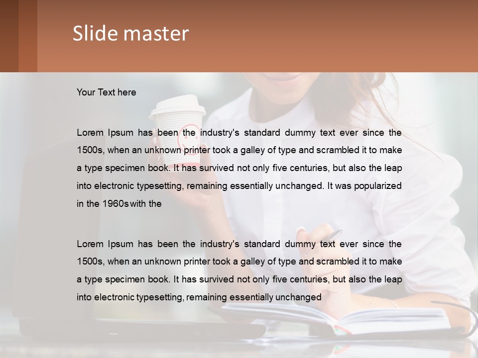 A Woman Holding A Cup Of Coffee And Writing On A Notebook PowerPoint Template