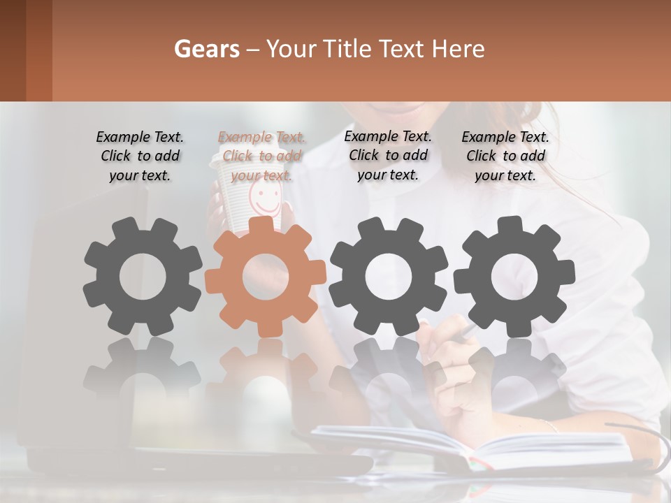 A Woman Holding A Cup Of Coffee And Writing On A Notebook PowerPoint Template