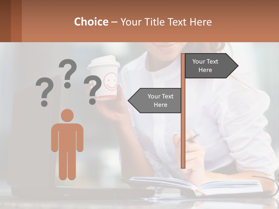 A Woman Holding A Cup Of Coffee And Writing On A Notebook PowerPoint Template