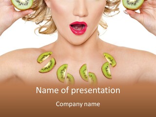A Woman Holding Kiwi Slices In Front Of Her Face PowerPoint Template