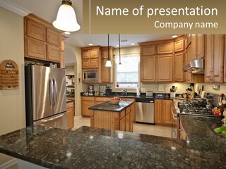 A Kitchen With Granite Counter Tops And Wooden Cabinets PowerPoint Template