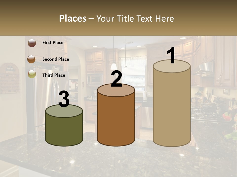 A Kitchen With Granite Counter Tops And Wooden Cabinets PowerPoint Template