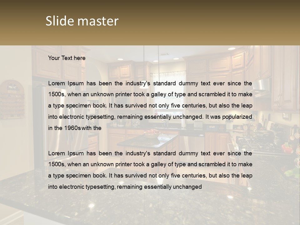 A Kitchen With Granite Counter Tops And Wooden Cabinets PowerPoint Template