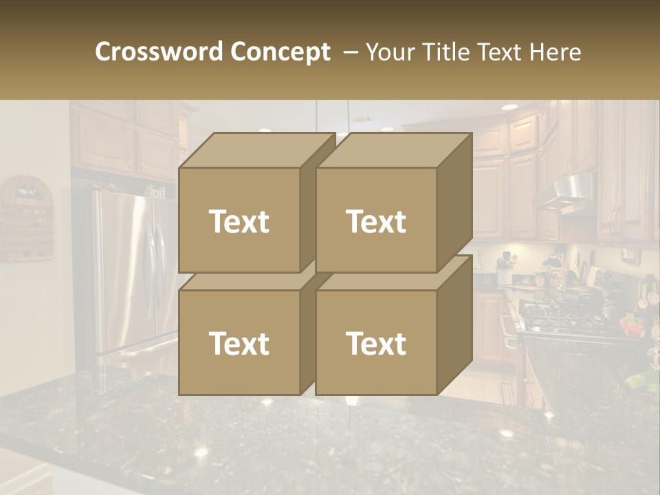 A Kitchen With Granite Counter Tops And Wooden Cabinets PowerPoint Template