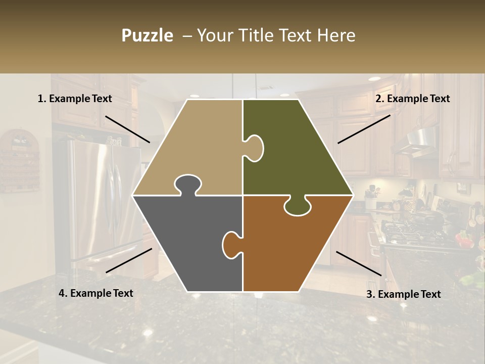 A Kitchen With Granite Counter Tops And Wooden Cabinets PowerPoint Template