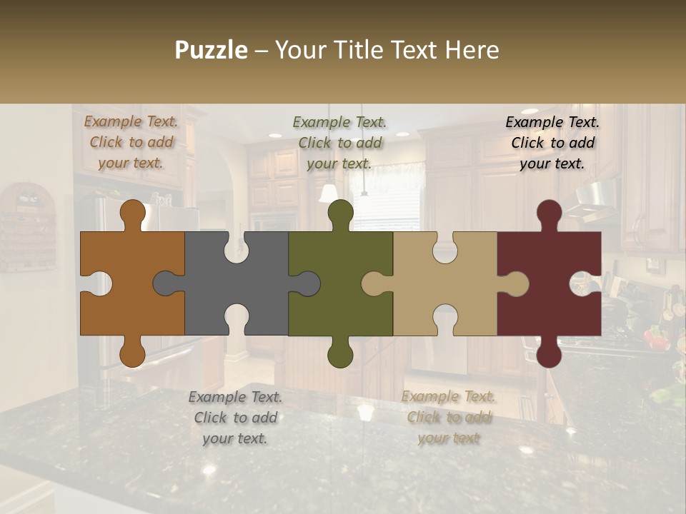 A Kitchen With Granite Counter Tops And Wooden Cabinets PowerPoint Template