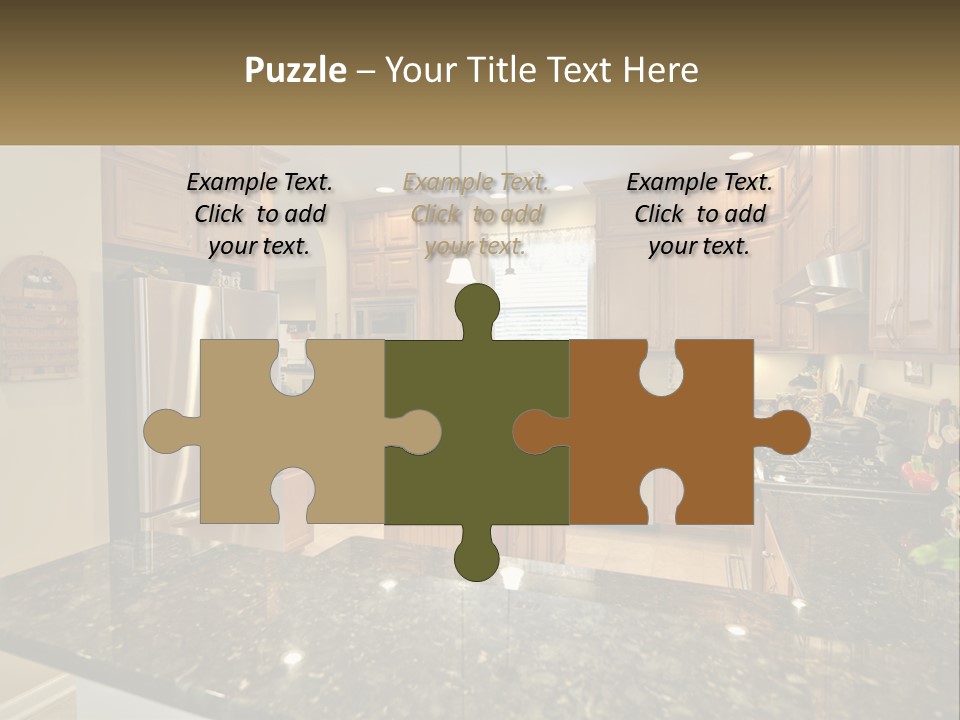 A Kitchen With Granite Counter Tops And Wooden Cabinets PowerPoint Template