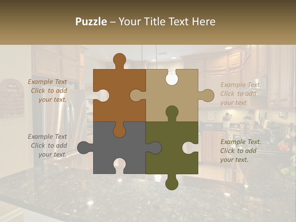 A Kitchen With Granite Counter Tops And Wooden Cabinets PowerPoint Template