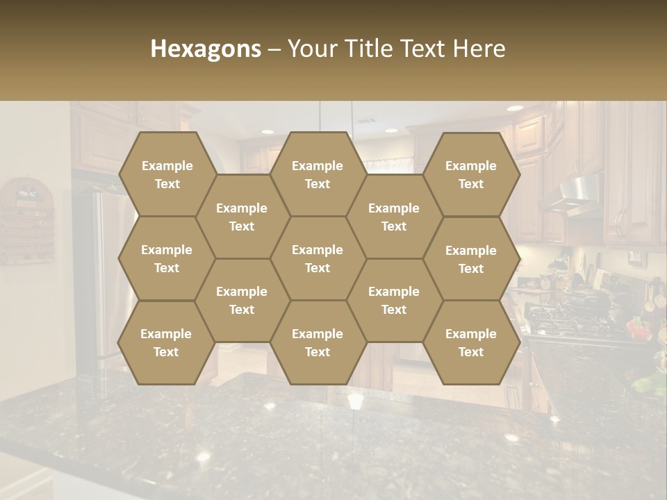 A Kitchen With Granite Counter Tops And Wooden Cabinets PowerPoint Template