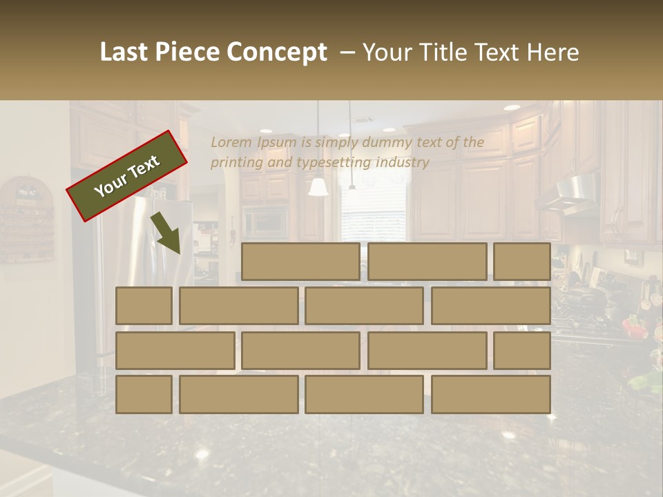 A Kitchen With Granite Counter Tops And Wooden Cabinets PowerPoint Template