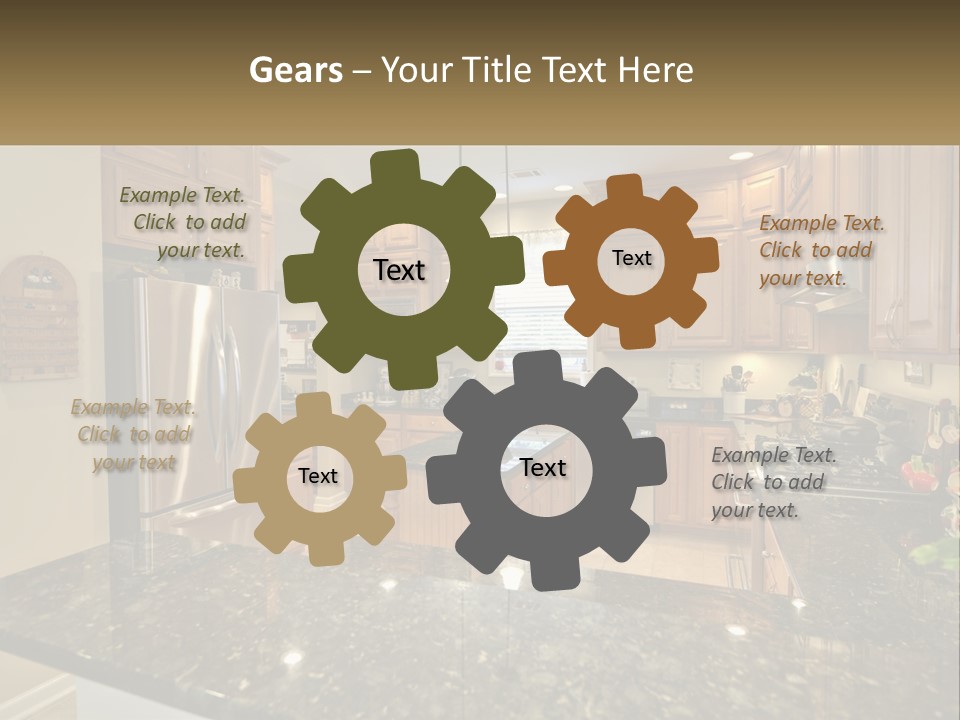 A Kitchen With Granite Counter Tops And Wooden Cabinets PowerPoint Template