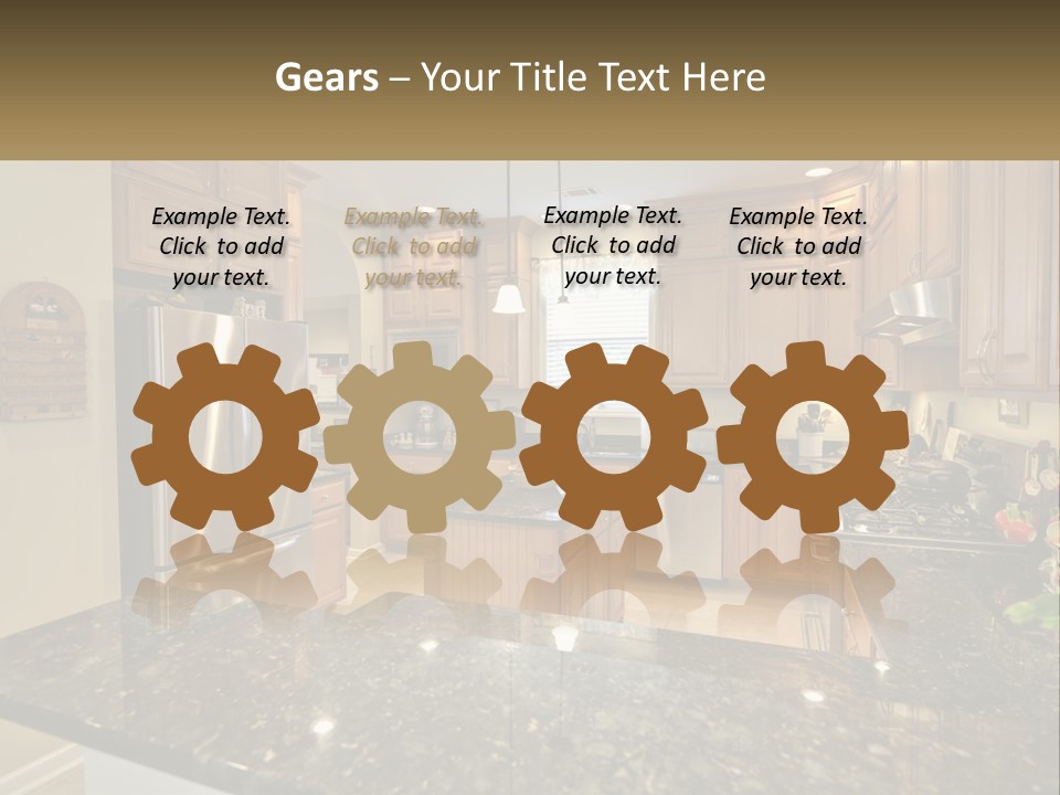 A Kitchen With Granite Counter Tops And Wooden Cabinets PowerPoint Template