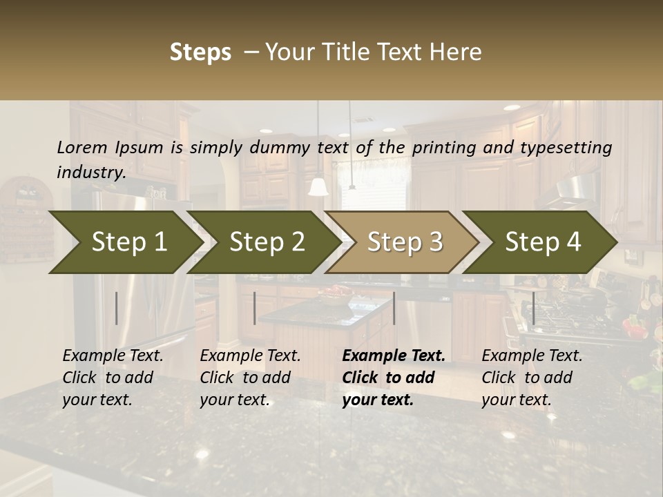 A Kitchen With Granite Counter Tops And Wooden Cabinets PowerPoint Template