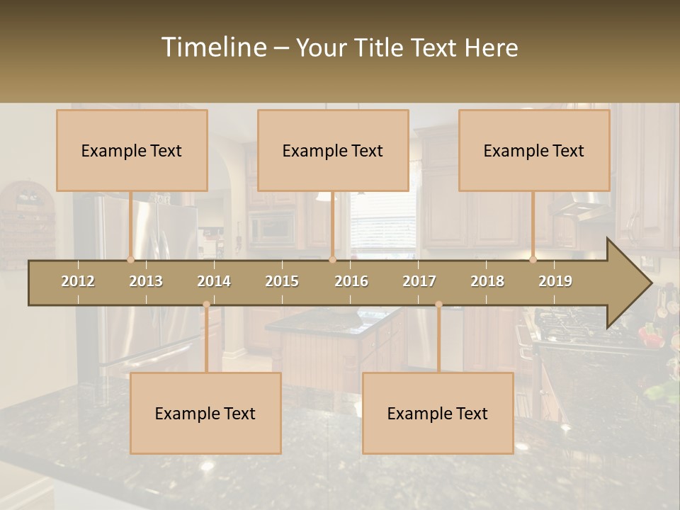 A Kitchen With Granite Counter Tops And Wooden Cabinets PowerPoint Template