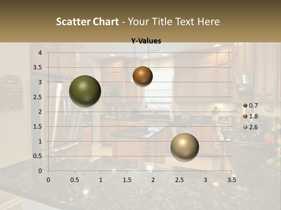 A Kitchen With Granite Counter Tops And Wooden Cabinets PowerPoint Template