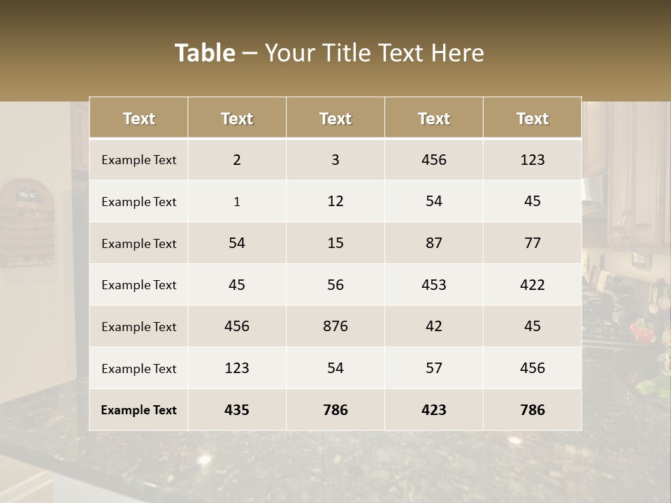 A Kitchen With Granite Counter Tops And Wooden Cabinets PowerPoint Template