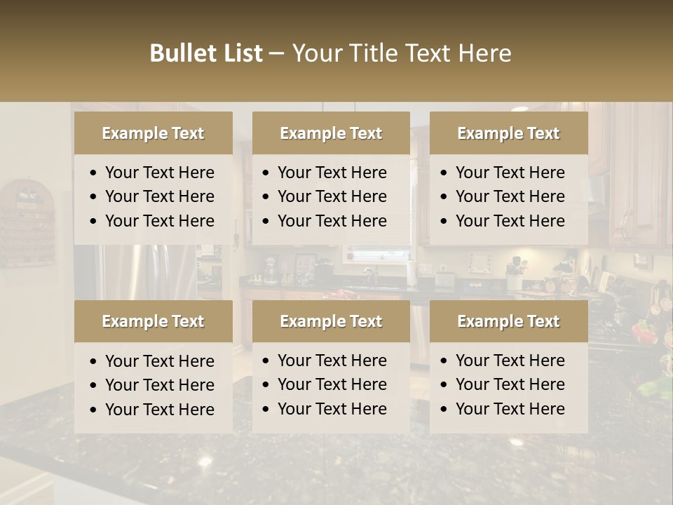 A Kitchen With Granite Counter Tops And Wooden Cabinets PowerPoint Template