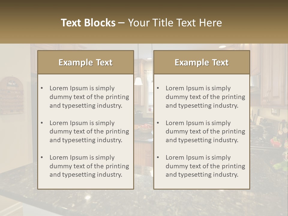 A Kitchen With Granite Counter Tops And Wooden Cabinets PowerPoint Template
