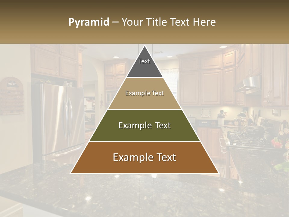 A Kitchen With Granite Counter Tops And Wooden Cabinets PowerPoint Template