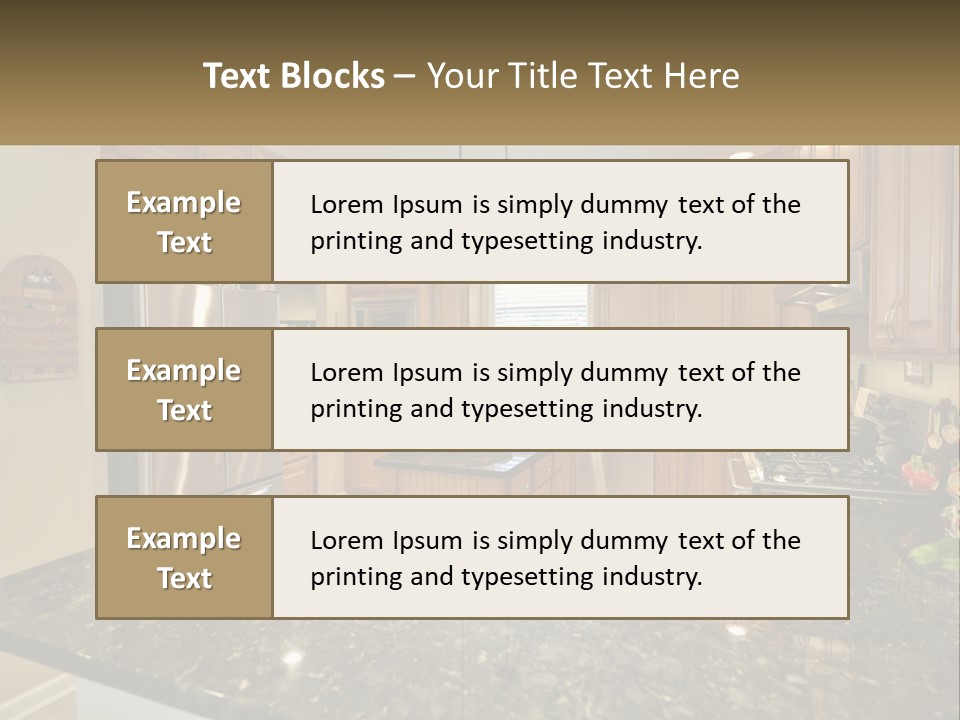A Kitchen With Granite Counter Tops And Wooden Cabinets PowerPoint Template