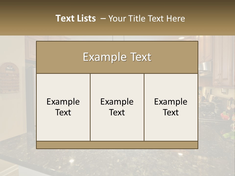 A Kitchen With Granite Counter Tops And Wooden Cabinets PowerPoint Template