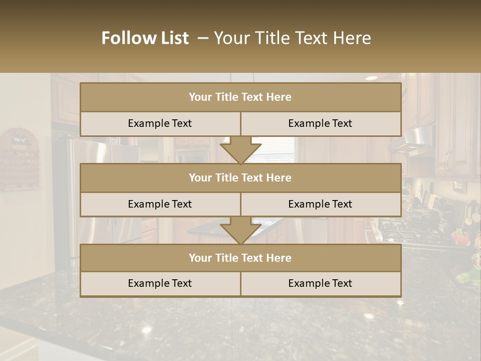 A Kitchen With Granite Counter Tops And Wooden Cabinets PowerPoint Template