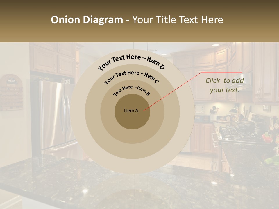 A Kitchen With Granite Counter Tops And Wooden Cabinets PowerPoint Template