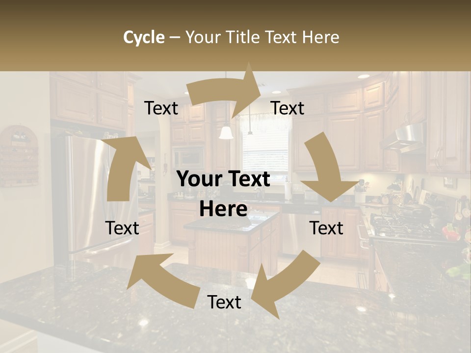 A Kitchen With Granite Counter Tops And Wooden Cabinets PowerPoint Template