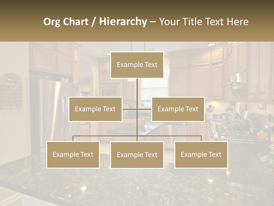 A Kitchen With Granite Counter Tops And Wooden Cabinets PowerPoint Template