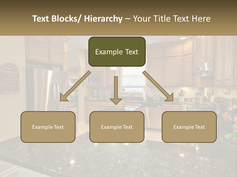 A Kitchen With Granite Counter Tops And Wooden Cabinets PowerPoint Template