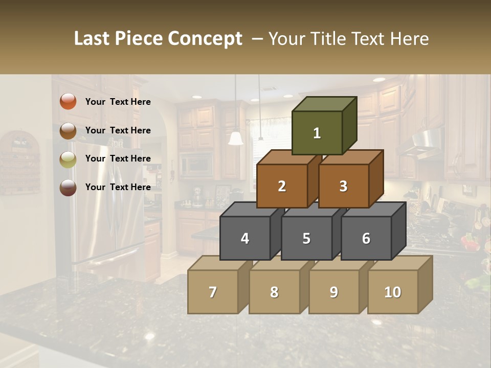 A Kitchen With Granite Counter Tops And Wooden Cabinets PowerPoint Template