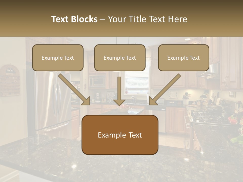 A Kitchen With Granite Counter Tops And Wooden Cabinets PowerPoint Template
