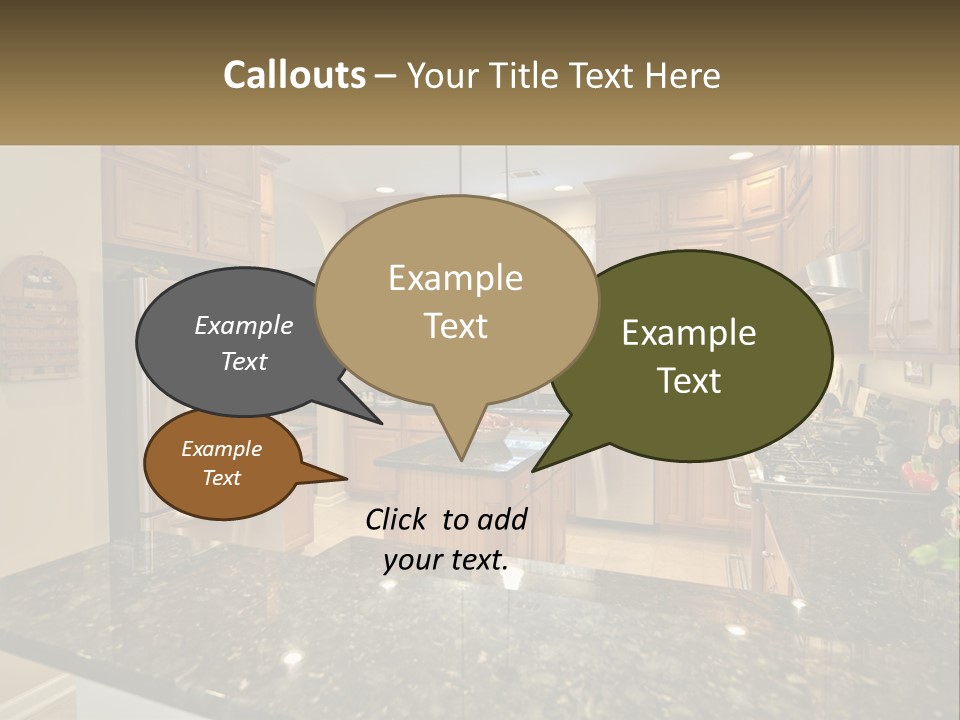 A Kitchen With Granite Counter Tops And Wooden Cabinets PowerPoint Template