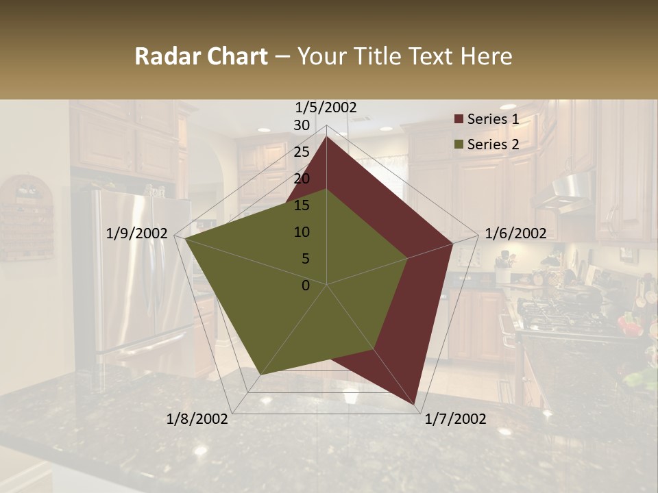 A Kitchen With Granite Counter Tops And Wooden Cabinets PowerPoint Template