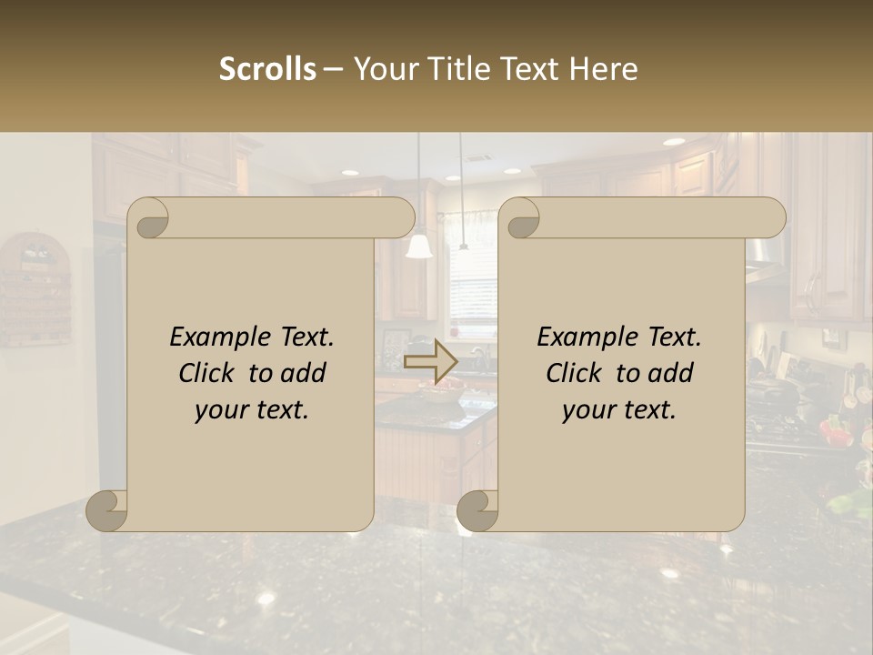 A Kitchen With Granite Counter Tops And Wooden Cabinets PowerPoint Template