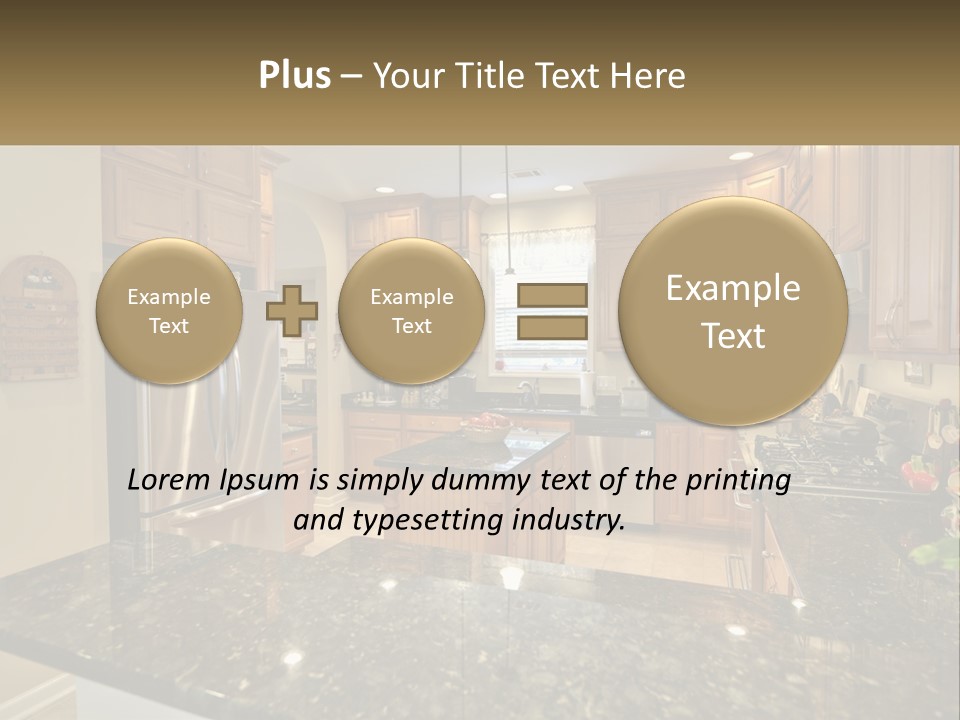 A Kitchen With Granite Counter Tops And Wooden Cabinets PowerPoint Template