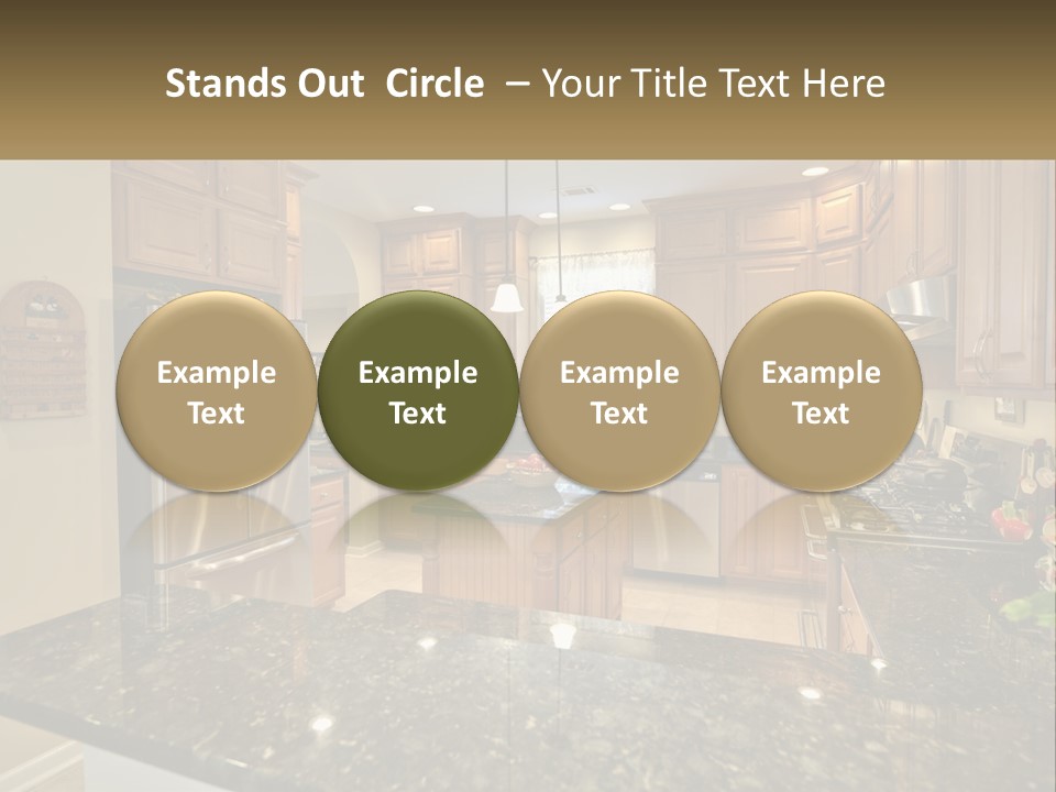 A Kitchen With Granite Counter Tops And Wooden Cabinets PowerPoint Template