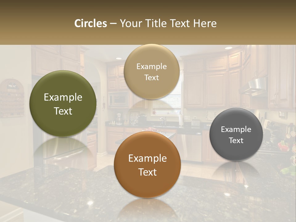 A Kitchen With Granite Counter Tops And Wooden Cabinets PowerPoint Template